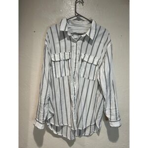 Ava & Viv Womens 1X White Black Striped Button Down Shirt Long Sleeve Cotton mix